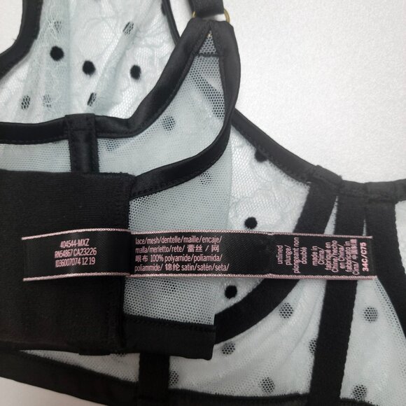 Victoria’s Secret Black Sheer Lace Polka Dot Unlined Plunge Bra Size 34C - Picture 8 of 11